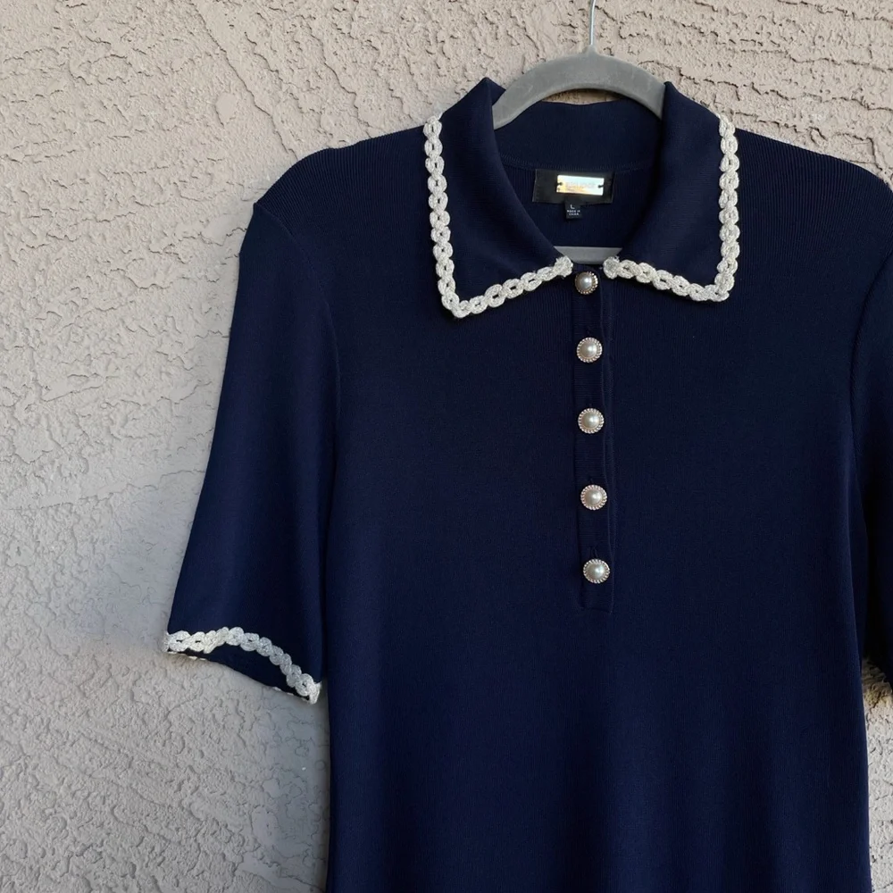 ALEXIA ADMOR Navy Knit Piper Dress w/ Pearl Buttons Embroidered Collar & Pockets - Picture 3 of 13